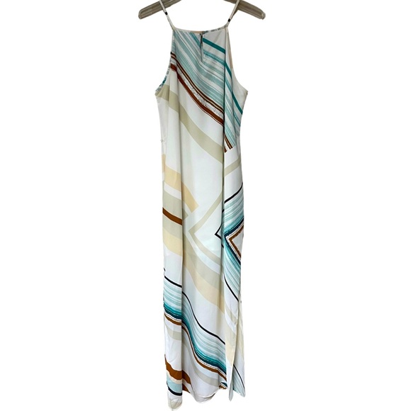 NWT White House Black Market White Teal Asymmetrical Stripe Maxi Dress Sz 14 - Picture 2 of 7